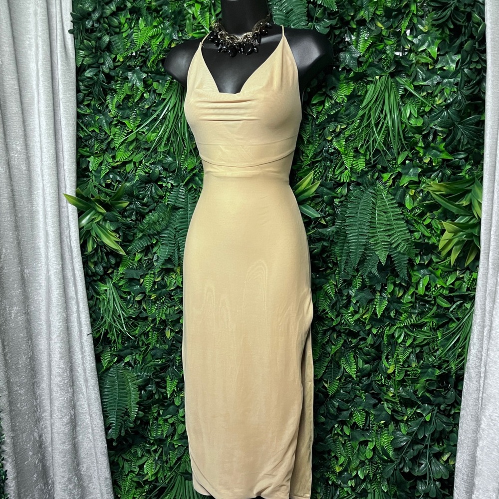 Oh Polly Dress US 4 Beige Cowl Neck Lace Up Open Back Mesh Bodycon Midi 3946